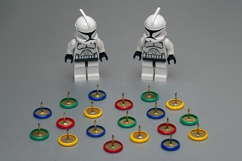 Lego figures with drawing pins obstacle 