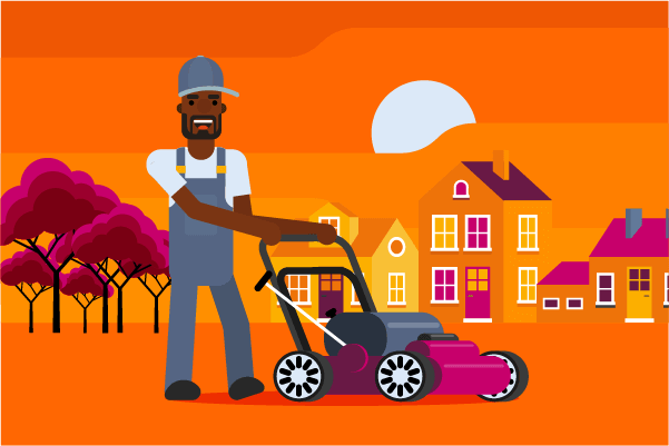 lawn mowing business insurance illustration of man with lawnmower with trees and houses behind