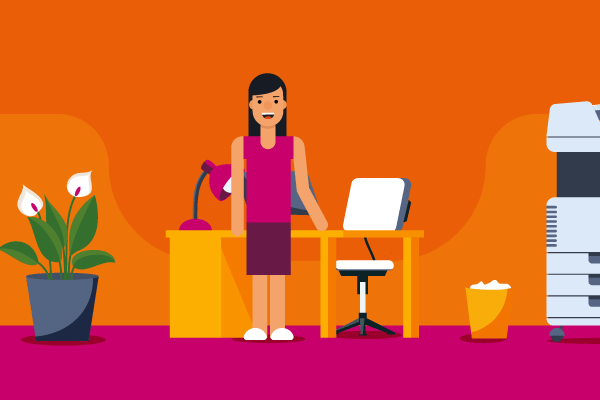 Illustration of woman standing in front of desk in an office for workers' comp insurance self-employed