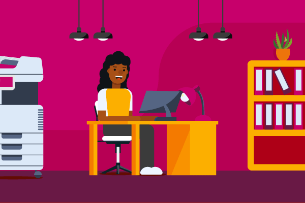 illustration of girl at desk in office for why sole proprietors need workers' compensation insurance