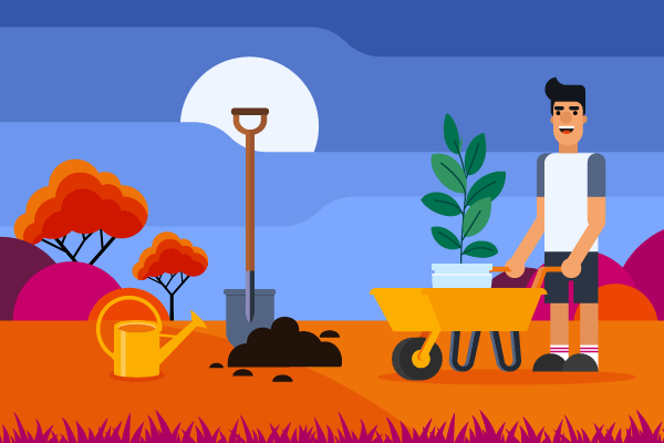 Man with wheelbarrow in yard image for landscaping insurance costs
