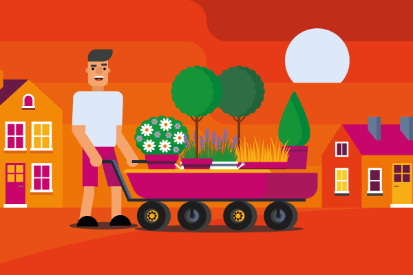 Landscaping industry statistics man with wheelbarrow full of plants