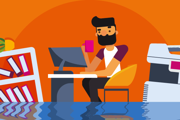 bearded man at desk holding pink mug as office is flooding with water