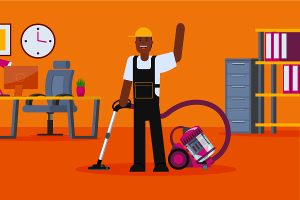 Man in overalls with vacuum in office illustration for janitorial business insurance requirements