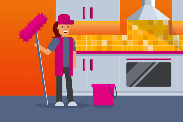 Illustration of woman holding a pink mop with pink bucket in a kitchen for janitors' workers' compensation insurance.