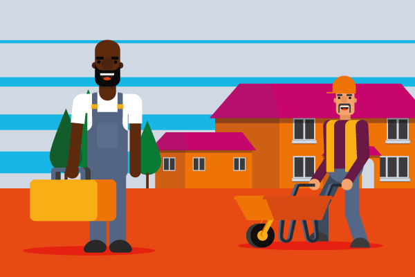 Man in overalls in front of house with second man and wheelbarrow to illustrate property preservation insurance requirements