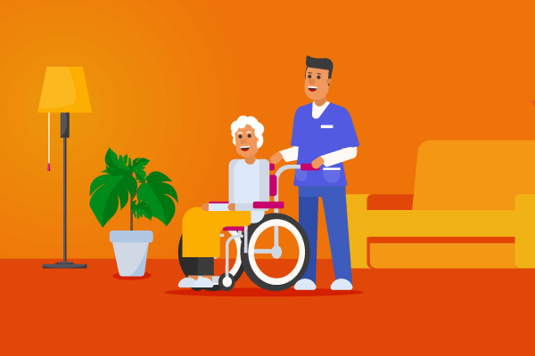 Illustration of man in scrubs pushing gray haired woman in wheelchair