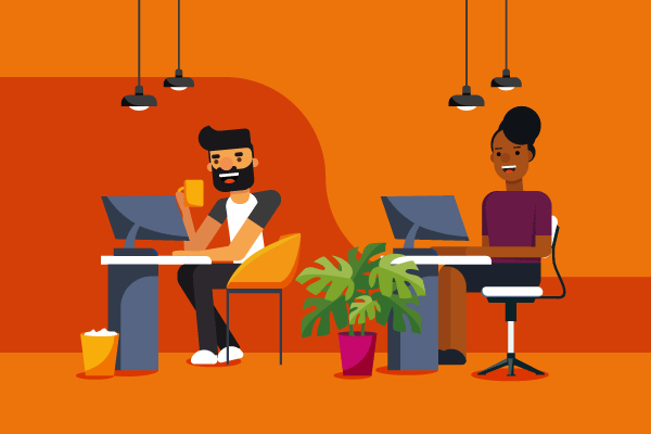illustration of woman and man seated at desks with PCs for what insurance do I need as an insurance agent?