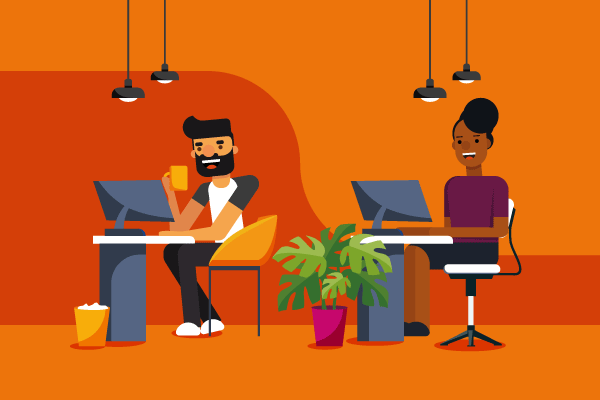 Question! Stefan Baudy illustration of woman and man seated at desks with PCs for what insurance do I need as an insurance agent?