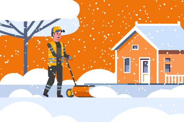 Snow removal professional pushing a snowplow outside a house in snowy weather